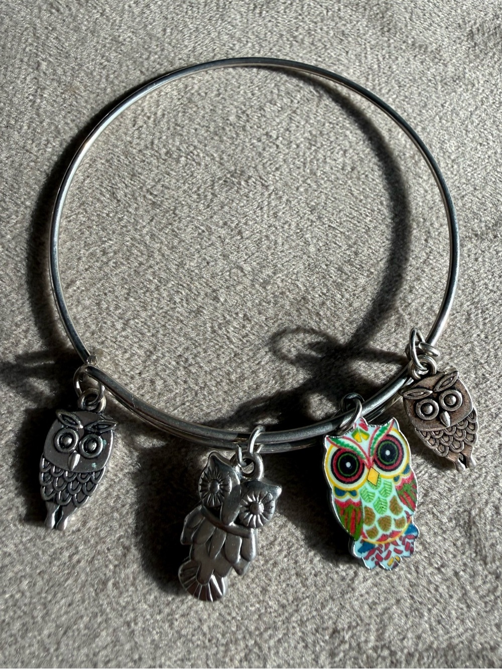 Silver Owl Charm Bangle Bracelet with Colorful Owl Accent
